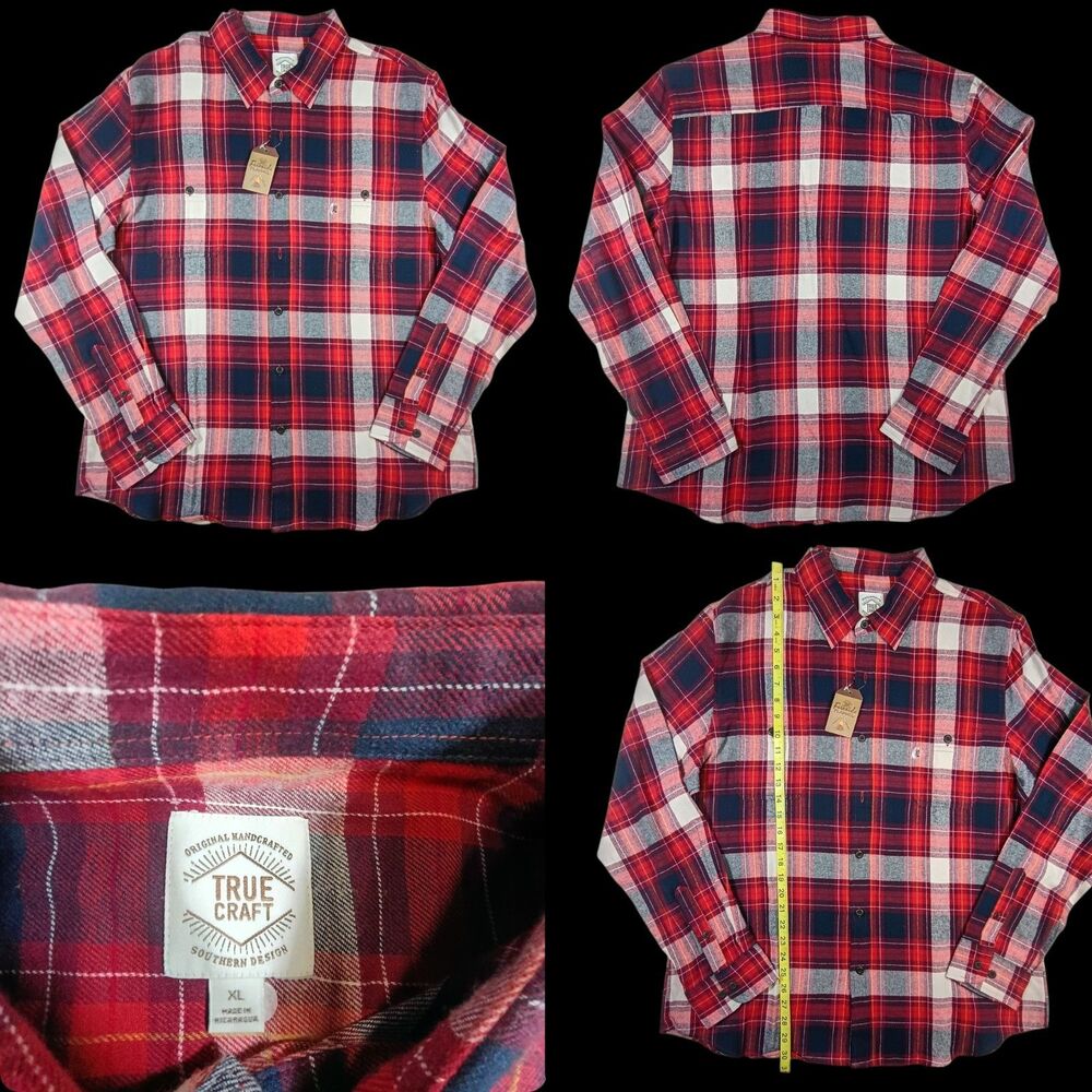 True Craft Shirt Adult XL Red Black & White Plaid Snap Button Up Long Sleeve Men